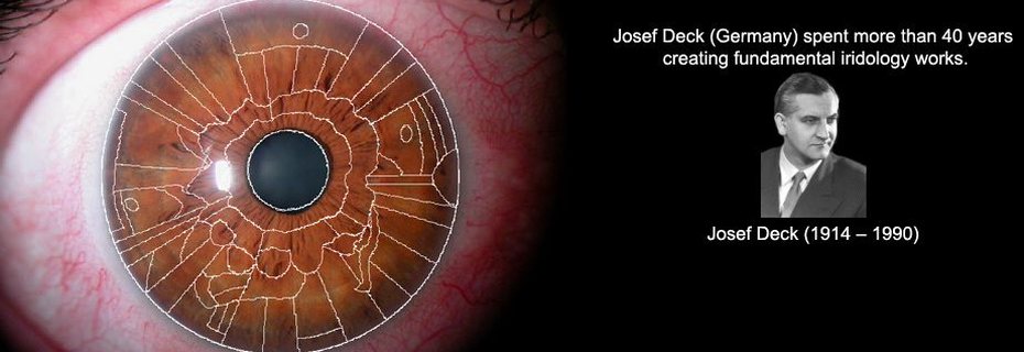 An iris with a zone chart drawn over it, beside a portrait of Josef Deck.